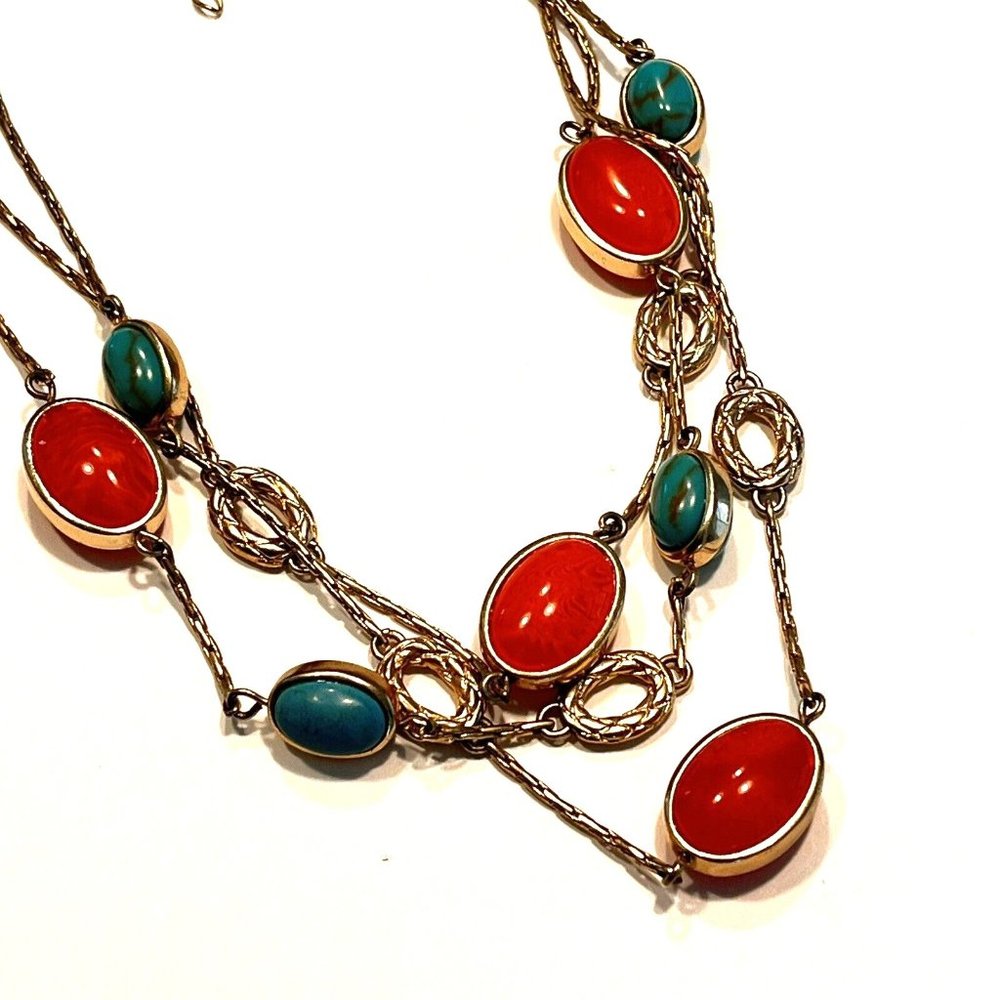 Vintage MONET Necklace Turquoise Coral Faux Stones Triple Strand Necklace 16"